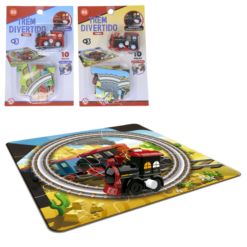 TREM LOCOMOTIVA A CORDA COM TRILHO QUEBRA CABECA 10 PECAS