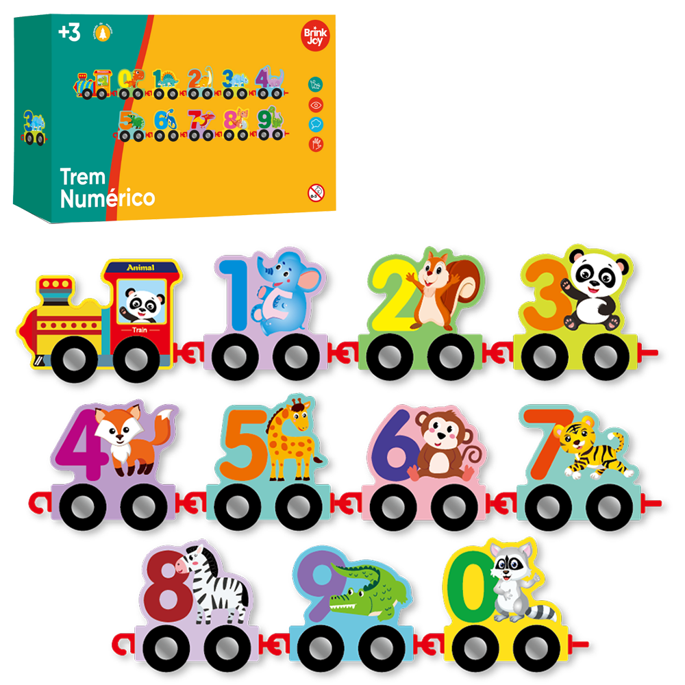 TREM / TRENZINHO LOCOMOTIVA DIDATICO EDUCATIVO 10 VAGOES NUMERICO DE MADEIRA RODA LIVRE