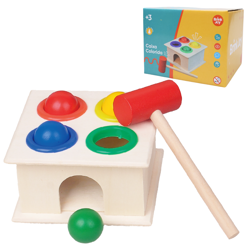 BRINQUEDO EDUCATIDO CAIXA COLORIDA BATE BOLAS DE MADEIRA COM MARTELO