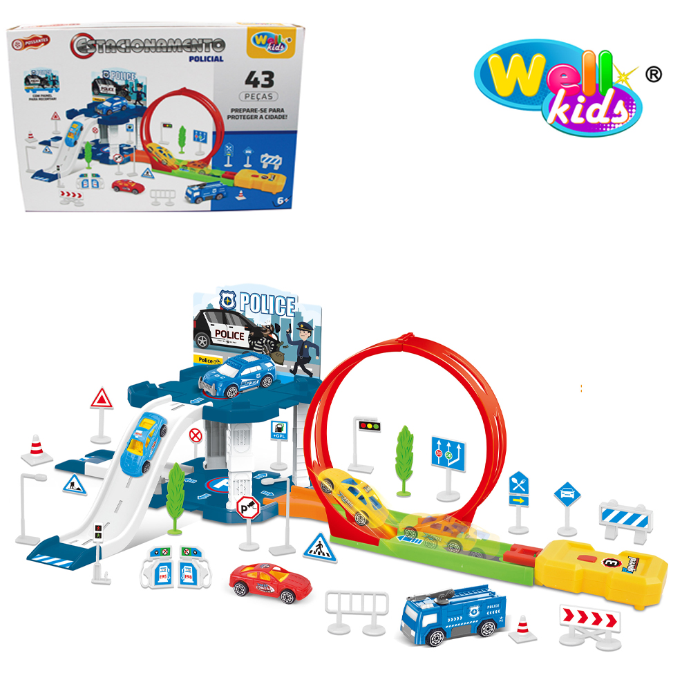 MONTA MONTA GARAGE / PISTA ESTACIONAMENTO POLICIA + CARRO COM LANCADOR + (PISTA LOOPING) E ACESSORIOS 43 PECAS WELLMIX