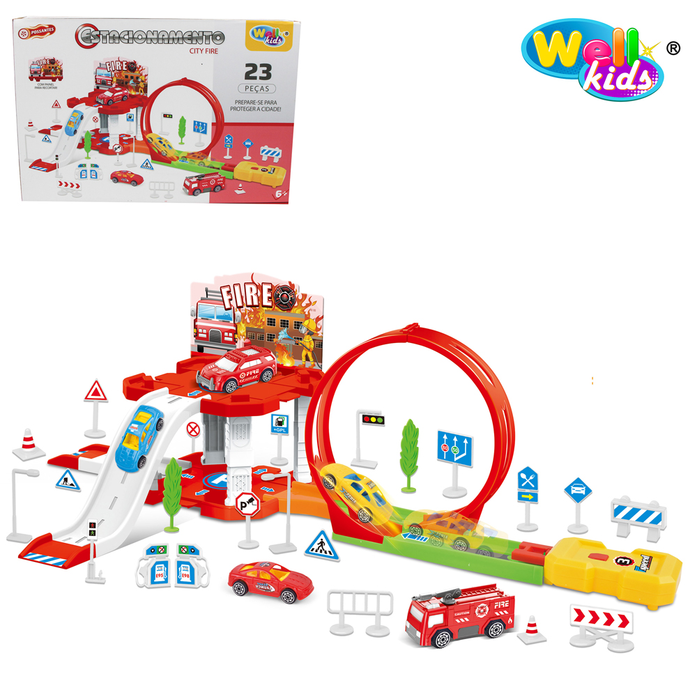 MONTA MONTA GARAGE / PISTA ESTACIONAMENTO BOMBEIRO + CARRO COM LANCADOR + (PISTA LOOPING) E ACESSORIOS 43 PECAS