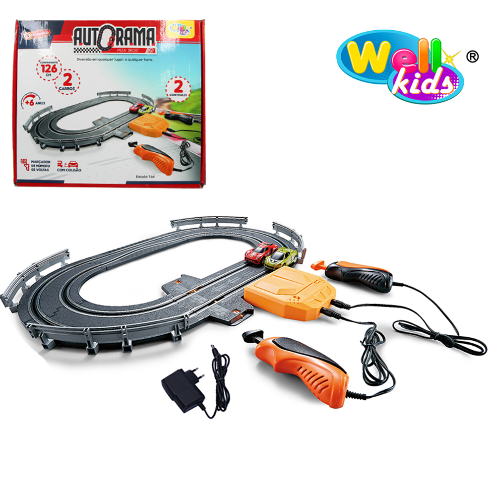 PISTA AUTORAMA SPORT COM 2 CARROS + 2 CONTROLES E MARCADOR DE VOLTA POSSANTES CABO USB 126CM 15 PECAS WELLKIDS