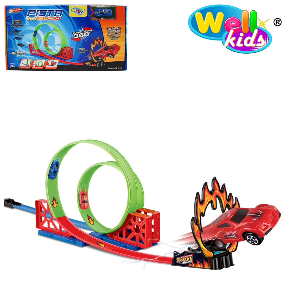 CARRO A FRICCAO PULL BACK + PISTA LOOPING DUPLO 360º POSSANTES 14 PECAS WELLKIDS