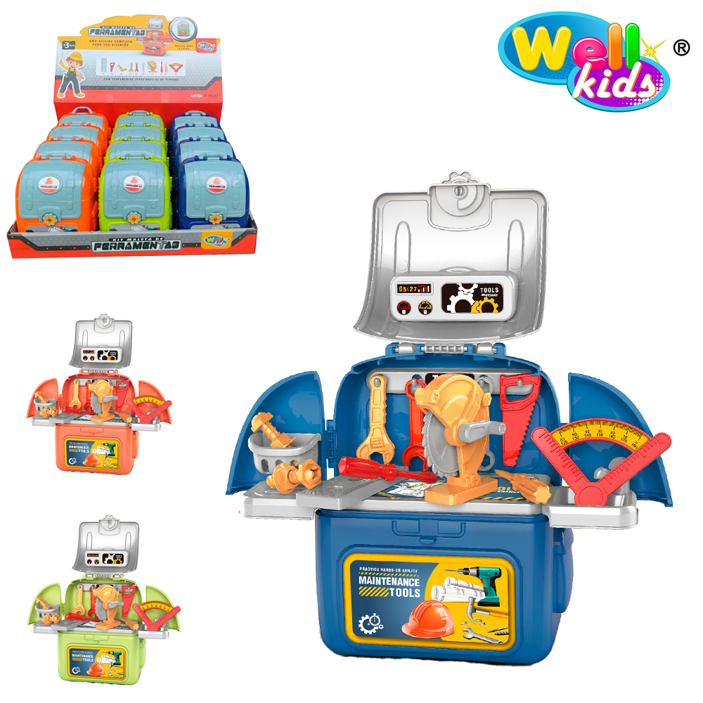 KIT FERRAMENTA INFANTIL COM SERROTE + CHAVES E ACESSORIOS 22 PECAS NA MALETA DP PLAY WELLKIDS
