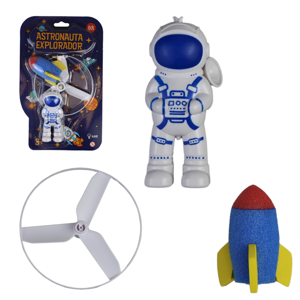 BONECO ASTRONAUTA EXPLORADOR LANCA DISCO FOGUETE COM LUZ A BATERIA