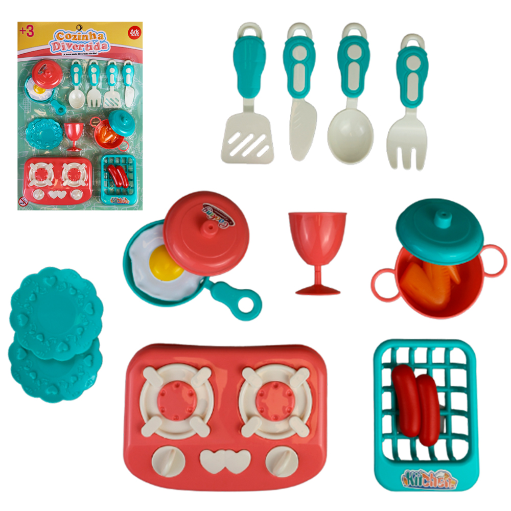 KIT COZINHA INFANTIL COM FOGAO + FRIGIDEIRA E ACESSORIOS COZINHA DIVERTIDA 16 PECAS