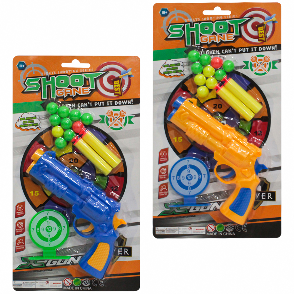 PISTOLA / REVOLVER LANCA BOLA / DARDO ESPUMA / VENTOSA COM 2 DARDOS + 10 BOLAS E ALVO SHOOT GAME