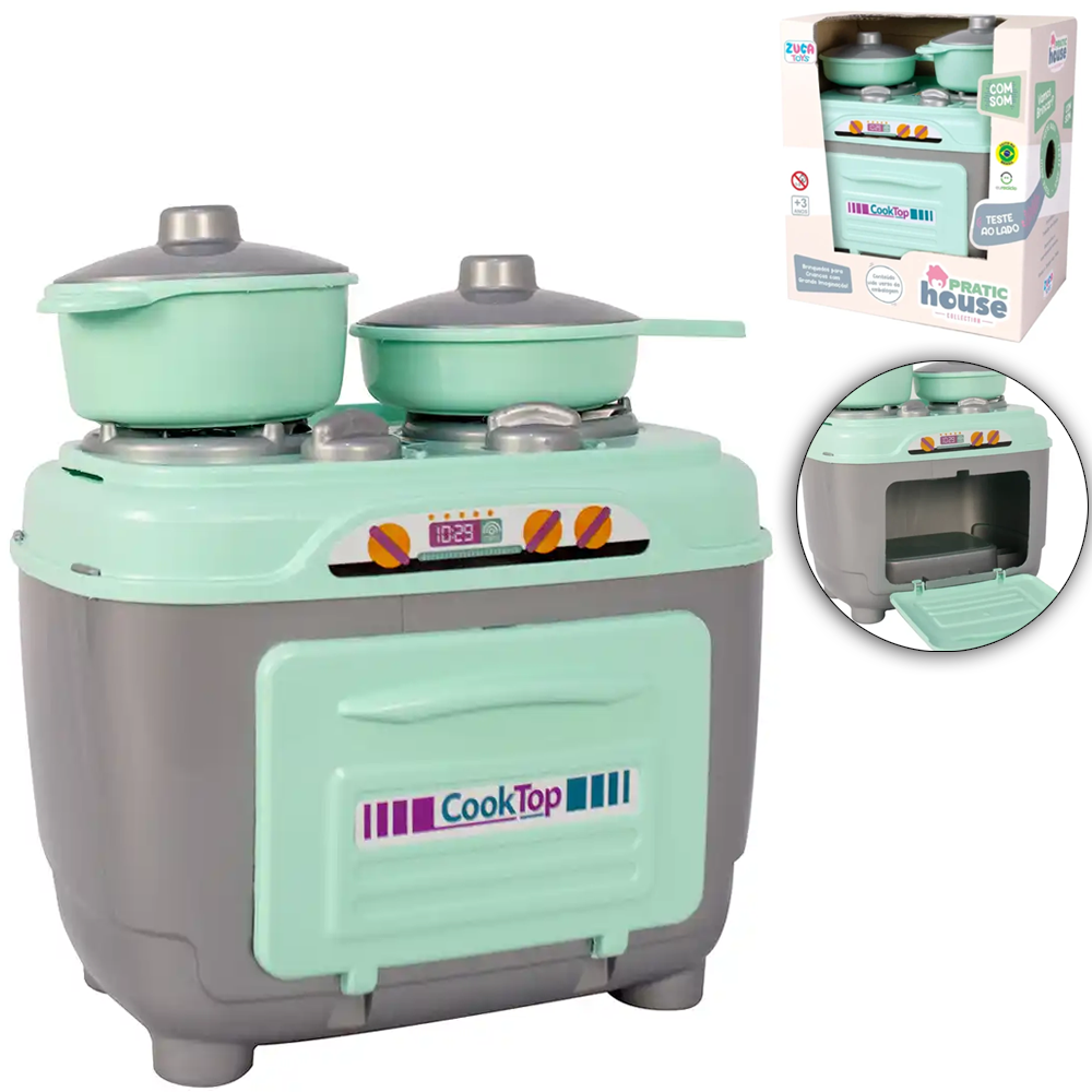 KIT COZINHA INFANTIL COM COOKTOP + PANELA E ACESSORIOS VINTAGE PRATIC HOUSE COLLECTION A BATERIA 5 PECAS