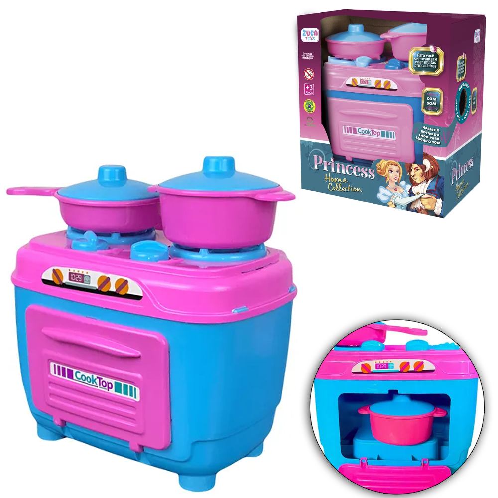 KIT COZINHA INFANTIL COM COOKTOP + PANELA E ACESSORIOS PRINCESS HOME COLLECTION 5 PECAS