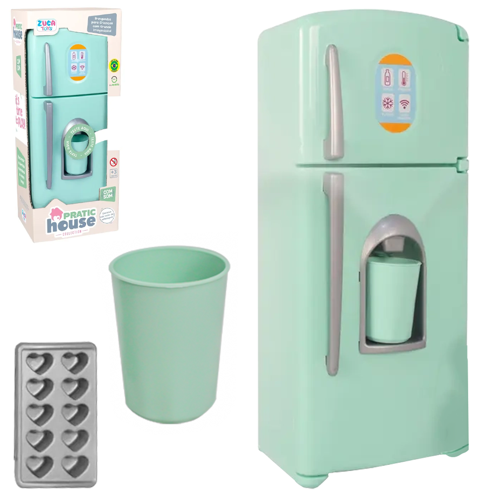 KIT COZINHA INFANTIL COM GELADEIRA + COPO E FORMA DE GELO VINTAGE PRATIC HOUSE COLLECTION A BATERIA