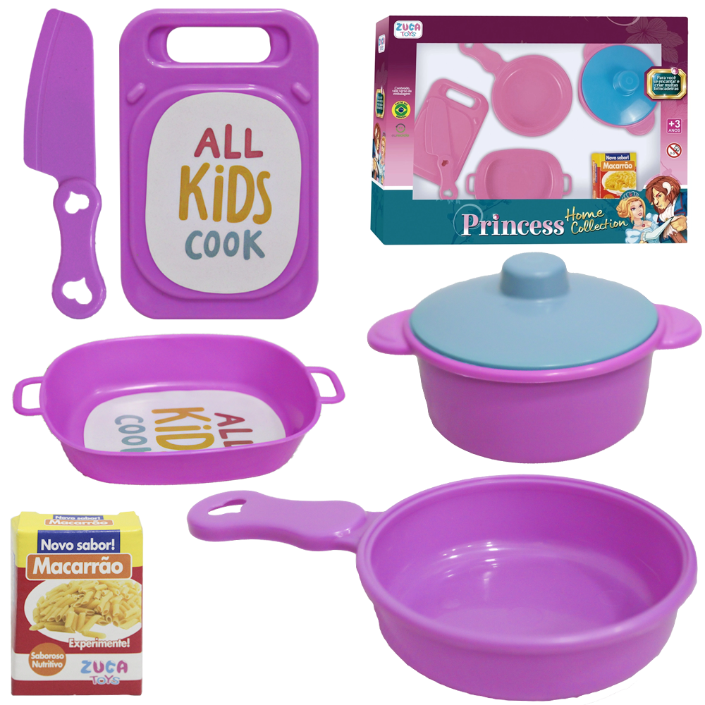 KIT COZINHA INFANTIL COM FRIGIDEIRA + PANELAS E ACESSORIOS PRINCESS HOME COLLECTION 7 PECAS