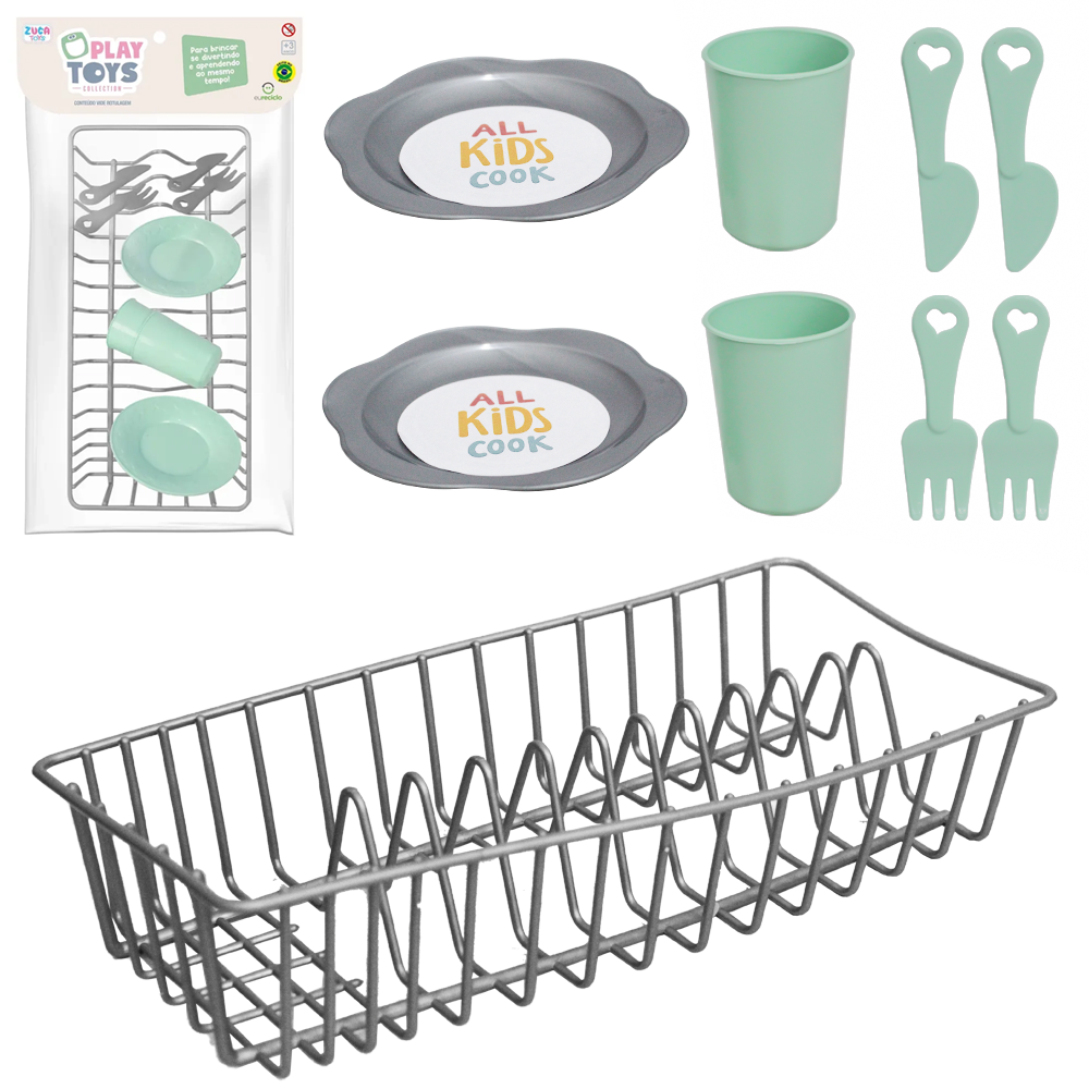 KIT COZINHA INFANTIL COM ESCORREDOR + COPO E ACESSORIOS VINTAGE PLAY TOYS COLLECTION 9 PECAS