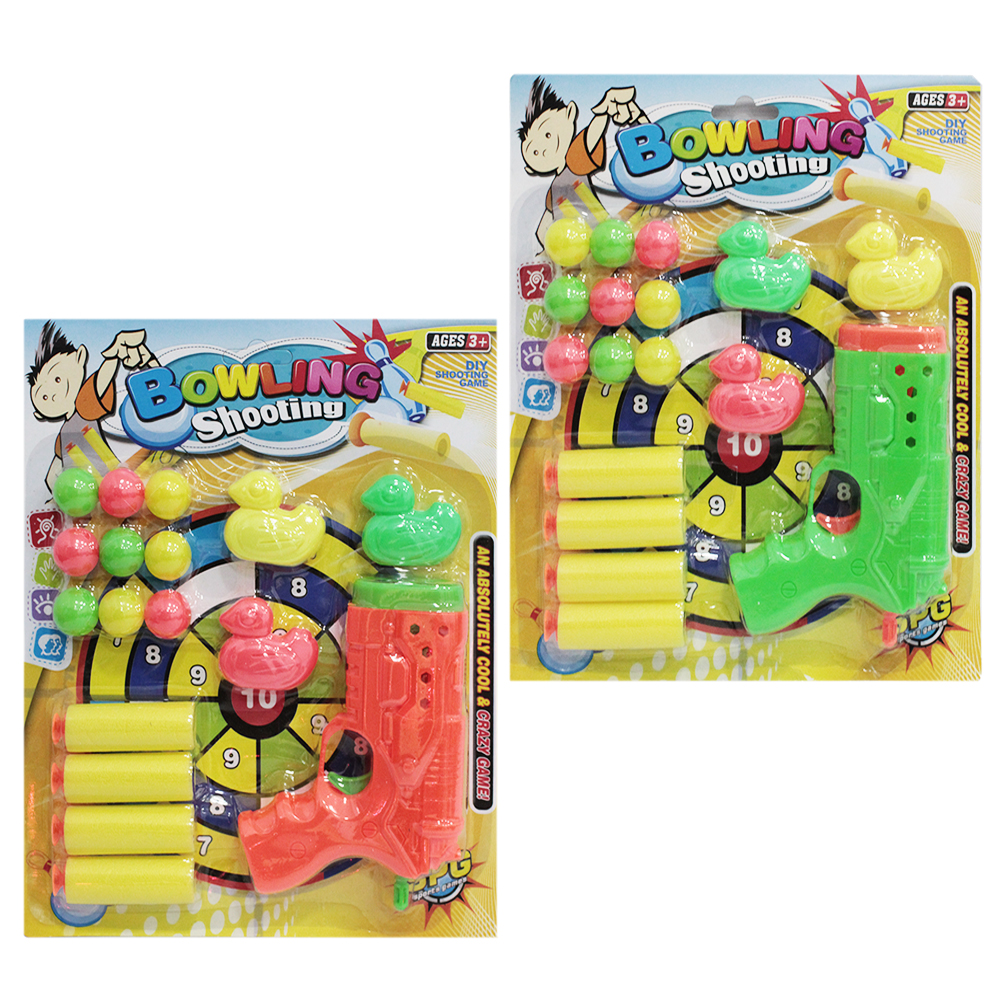 PISTOLA LANCA BOLA / DARDO ESPUMA / VENTOSA COM 4 DARDOS + 9 BOLAS E 3 PATOS BOWLING SHOOTING
