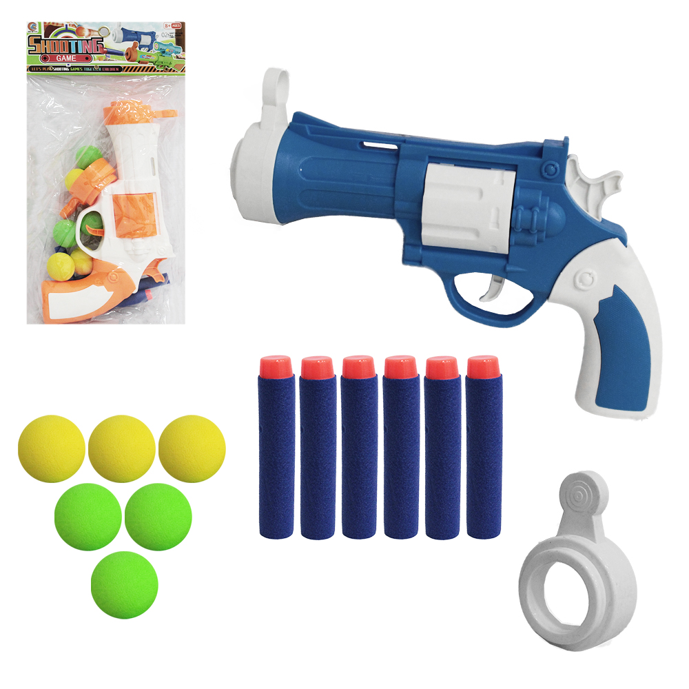 PISTOLA / REVOLVER LANCA BOLA / DARDO ESPUMA COM 6 BOLAS + 6 DARDOS E ACESSORIO