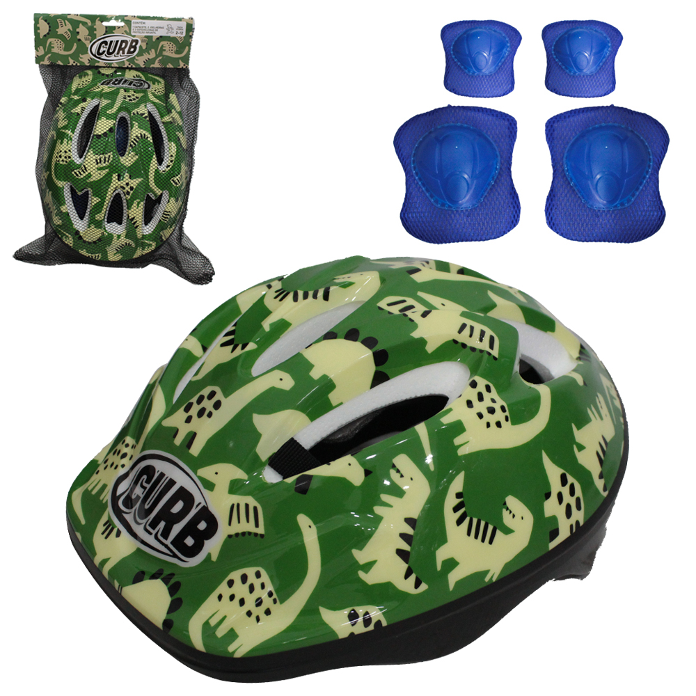 KIT PROTECAO INFANTIL DINOSSAURO VERDE COM CAPACETE + 2 COTOVELEIRAS + JOELHEIRAS