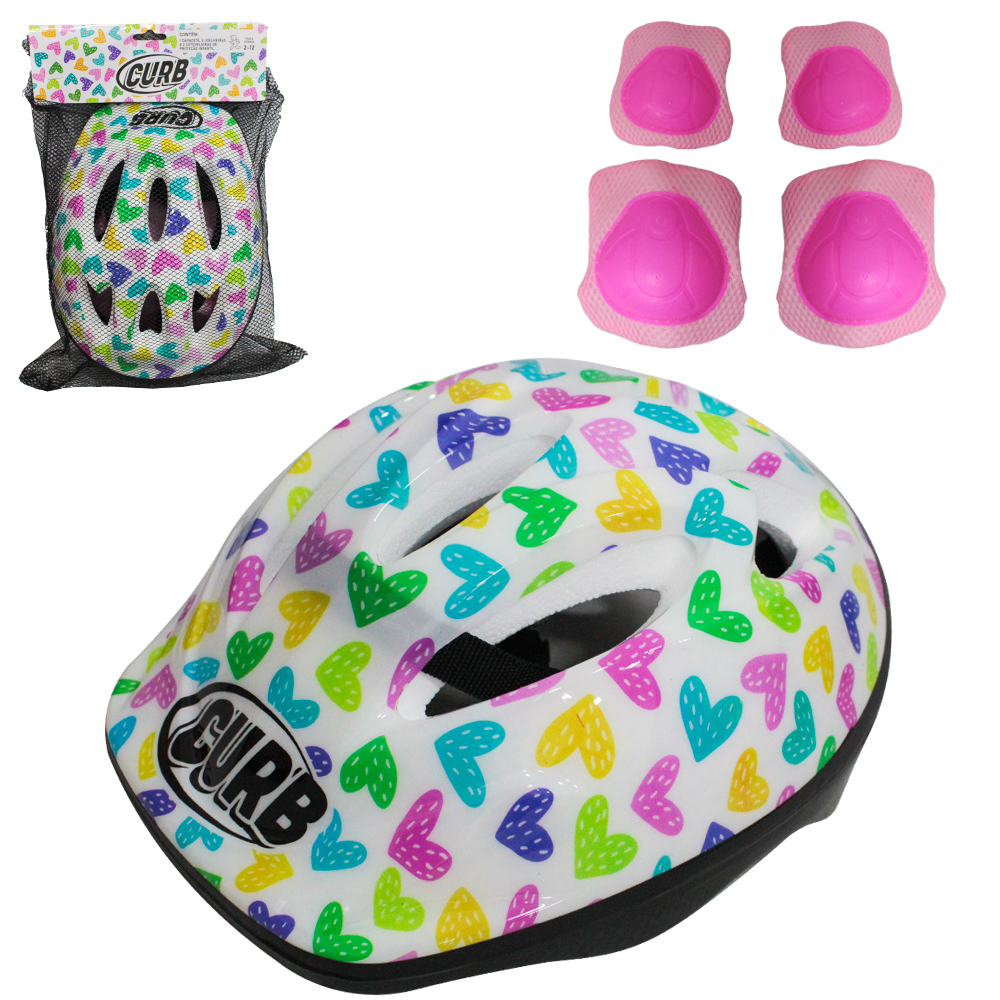 KIT PROTECAO INFANTIL CORACAO COM CAPACETE + 2 COTOVELEIRAS + JOELHEIRAS