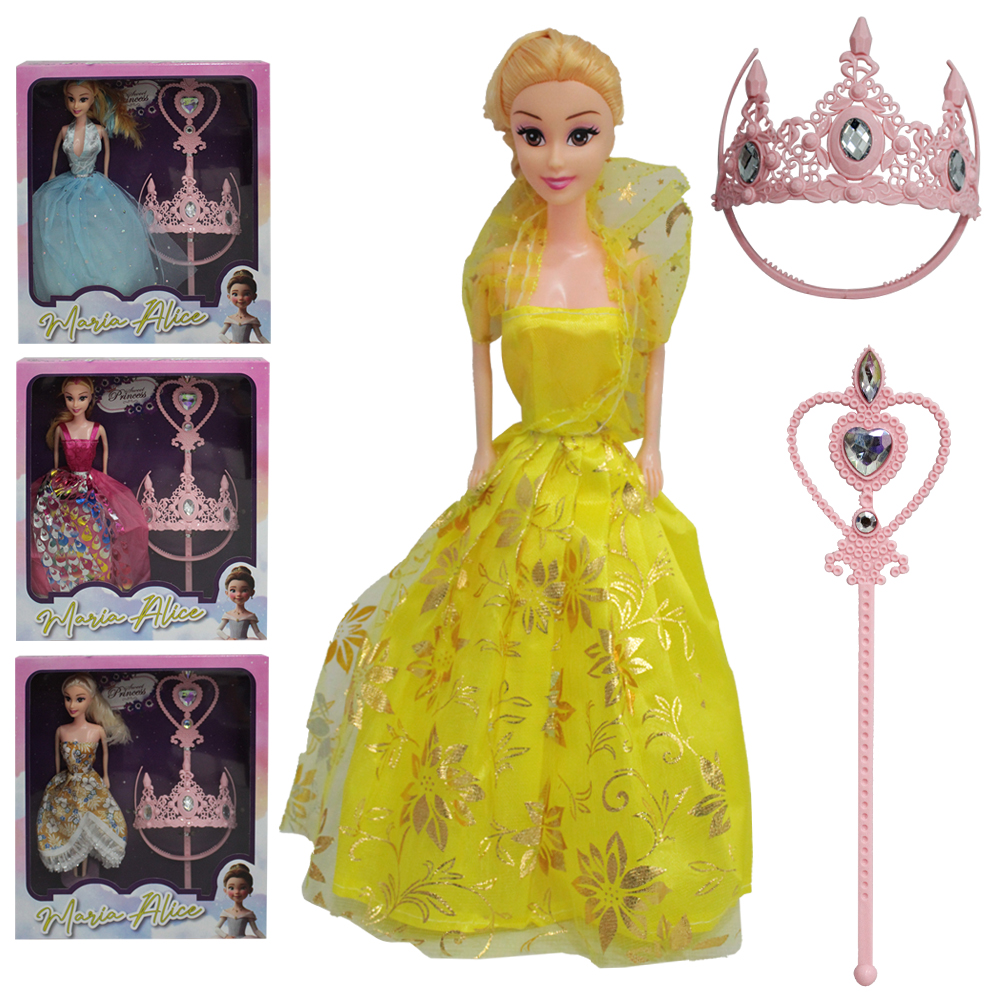 BONECA MARIA ALICE COM VESTIDO + TIARA E VARINHA MAGICA / CETRO