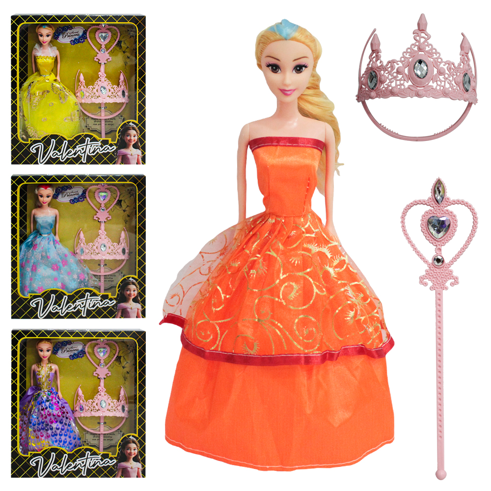 BONECA VALENTINA COM VESTIDO + TIARA E VARINHA MAGICA / CETRO