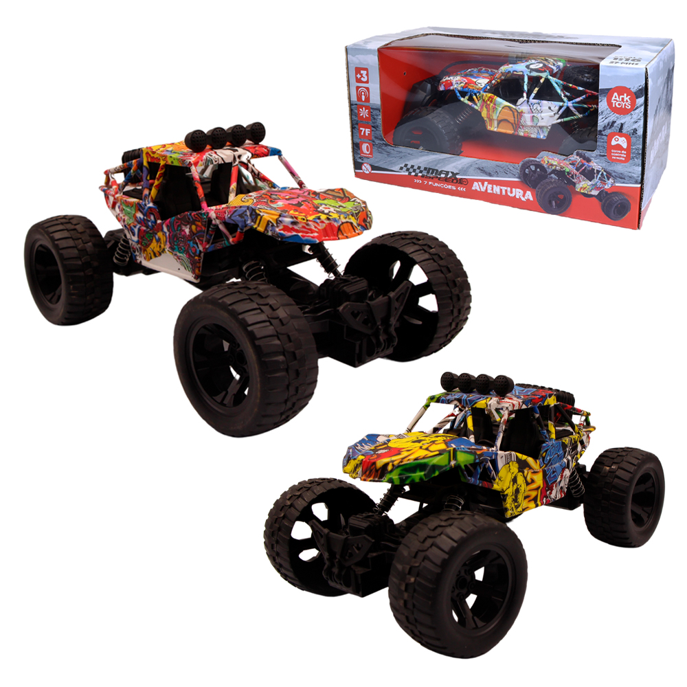 CARRO GRAFITADO COM CONTROLE REMOTO SEM FIO PICK-UP MAX SPEED AVENTURA 7 FUNCOES A PILHA