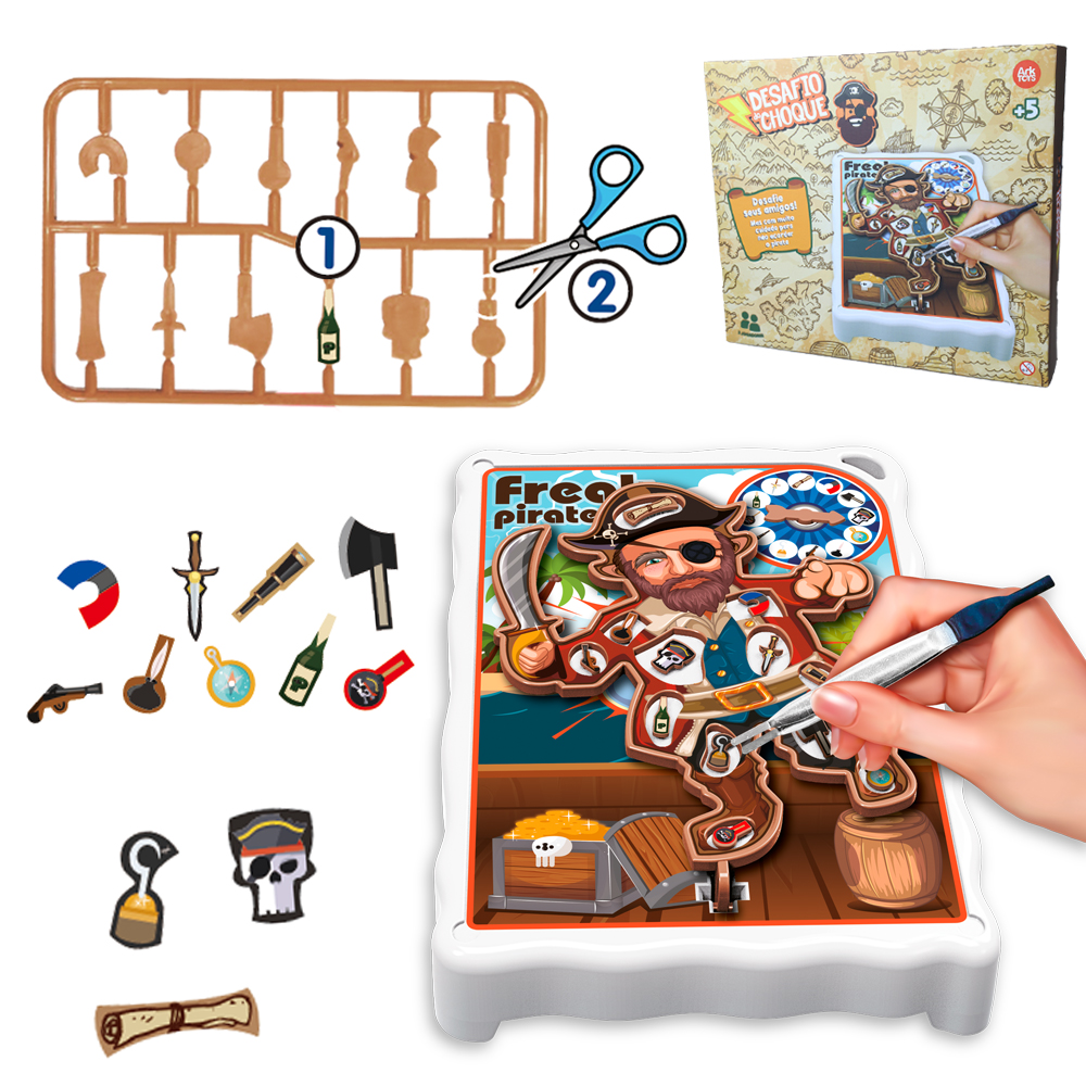 JOGO DESAFIO DO CHOQUE PIRATA COM TABULEIRO + ACESSORIOS E SOM A PILHA 25,5X18CM 14 PECAS