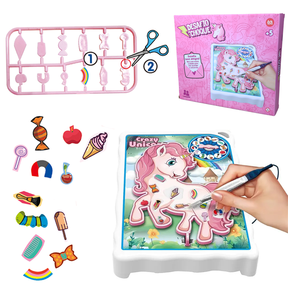 JOGO DESAFIO DO CHOQUE UNICORNIO COM TABULEIRO + ACESSORIOS E SOM A PILHA 25,5X18CM 14 PECAS