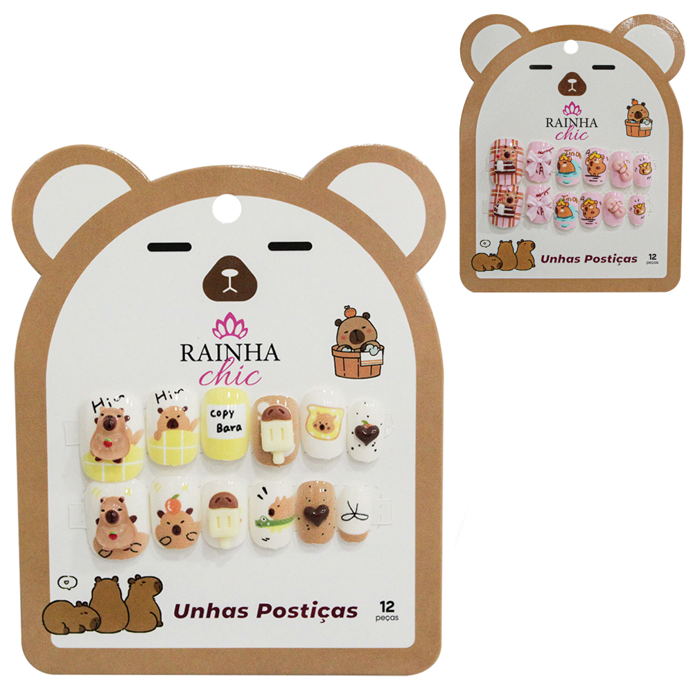 KIT DE UNHAS POSTICAS INFANTIL PARA MAOS CAPIVARA RAINHA CHIC COM 12 PECAS