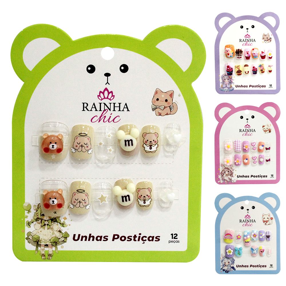 KIT DE UNHAS POSTICAS INFANTIL PARA MAOS SORTIDAS RAINHA CHIC COM 12 PECAS