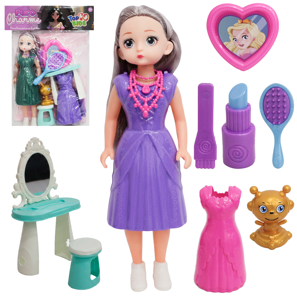 BONECA PURO CHARME TROCA ROUPA DE PLASTICO COM PENTEADEIRA + ESCOVA E ACESSORIOS TOP KIDS 8 PECAS