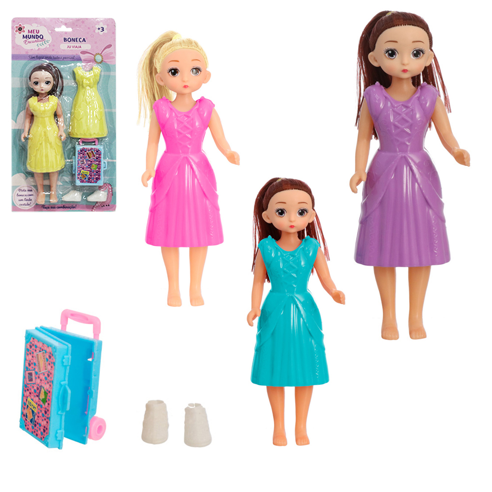 BONECA JU VIAJA MEU MUNDO ENCANTADO COM VESTIDO + MALA E SAPATO 