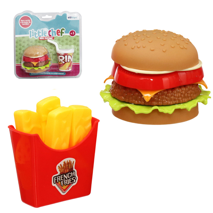 KIT COZINHA INFANTIL COM LANCHE HAMBURGUER + BATATA FRITA / REFRIGERANTE LITTLE CHEF MINI BURGUER 