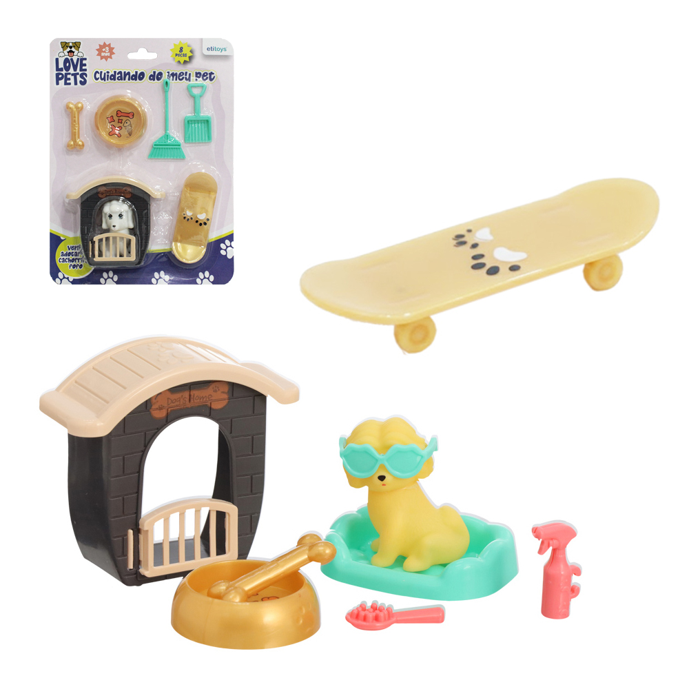 KIT PET COM CACHORRO + CASINHA E ACESSORIOS LOVE PETS CUIDANDO DO MEU PET 8 PECAS 