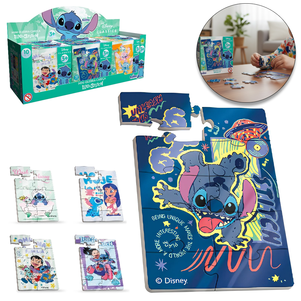 MINI QUEBRA CABECA DE MADEIRA MDF LILO E STITCH CLASSICS COM 10 PECAS 12X8CM DP PLAY