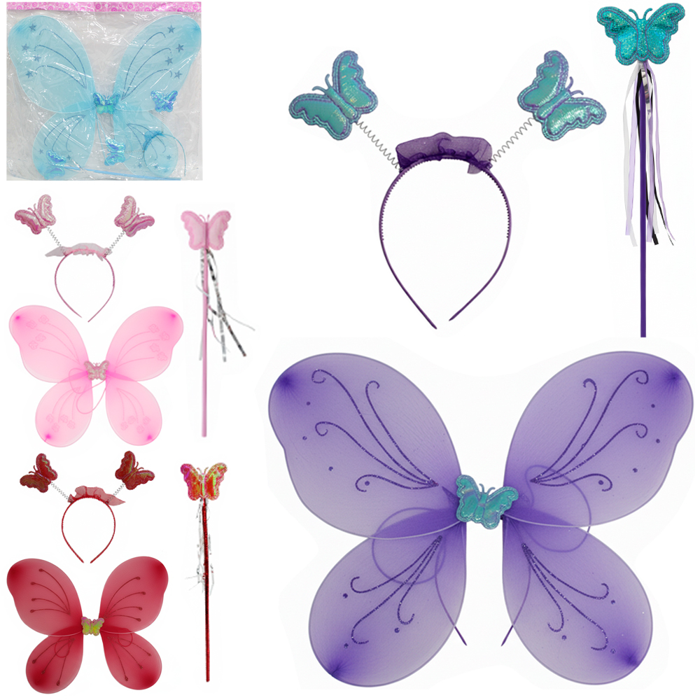 KIT FANTASIA INFANTIL BORBOLETA COM ASAS + TIARA + VARINHA 48X38CM