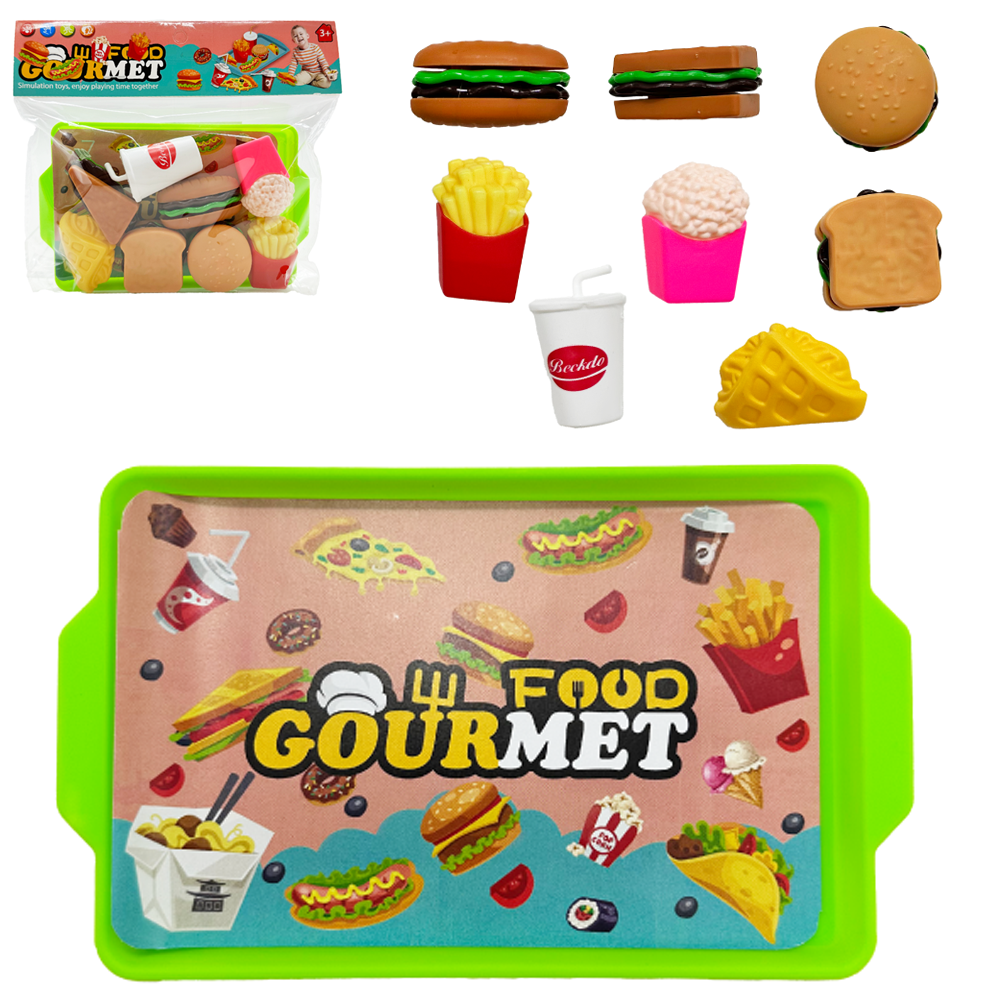 KIT COZINHA INFANTIL COM LANCHE SANDUICHE + BANDEJA E ACESSORIOS GOURMET FAST FOOD 9 PECAS