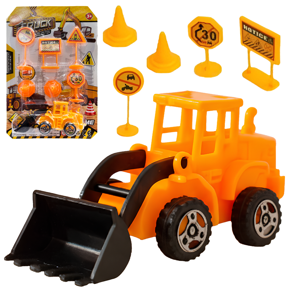 KIT VEICULO CONSTRUCAO COM TRATOR A FRICCAO PULL BACK + ACESSORIOS 7 PECAS