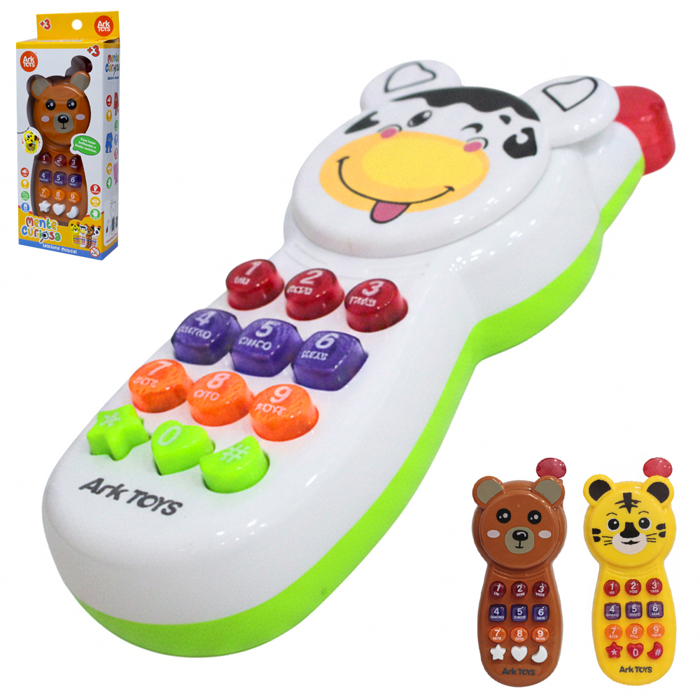 TELEFONE MUSICAL INFANTIL ANIMAIS COM LUZ A PILHA MENTE CURIOSA NA CAIXA