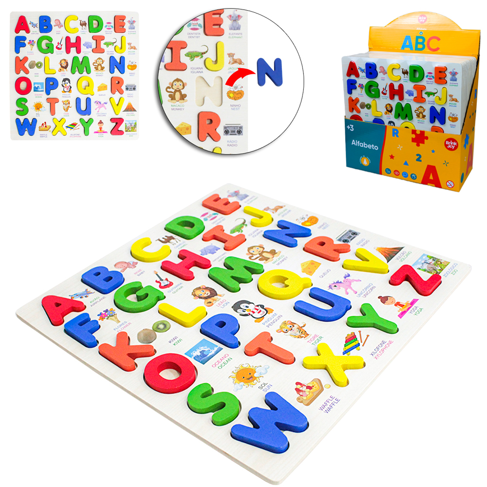 TABULEIRO DIDATICO JOGO DE ENCAIXE ALFABETO DE MADEIRA MDF COM 26 PECAS 30CM