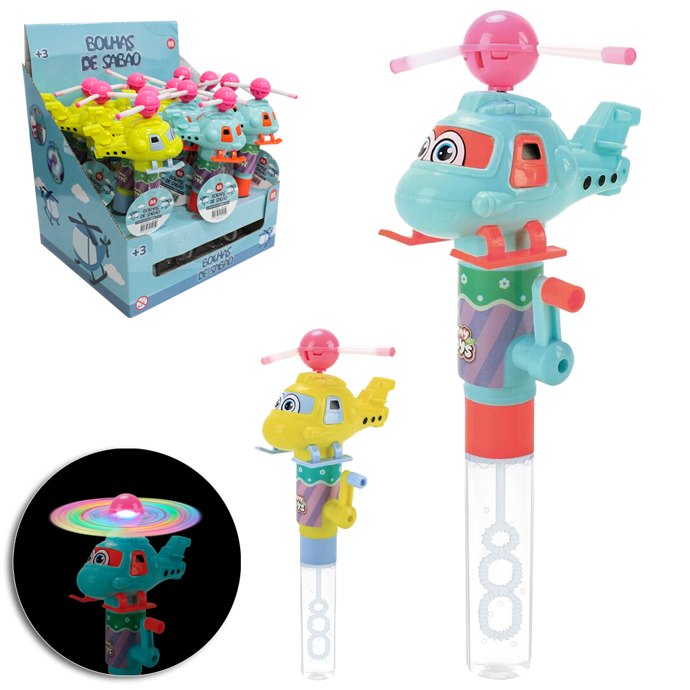 LANCA BOLHA DE SABAO NO TUBO HELICOPTERO COM LUZ A MANIVELA 24,5CM DP PLAY