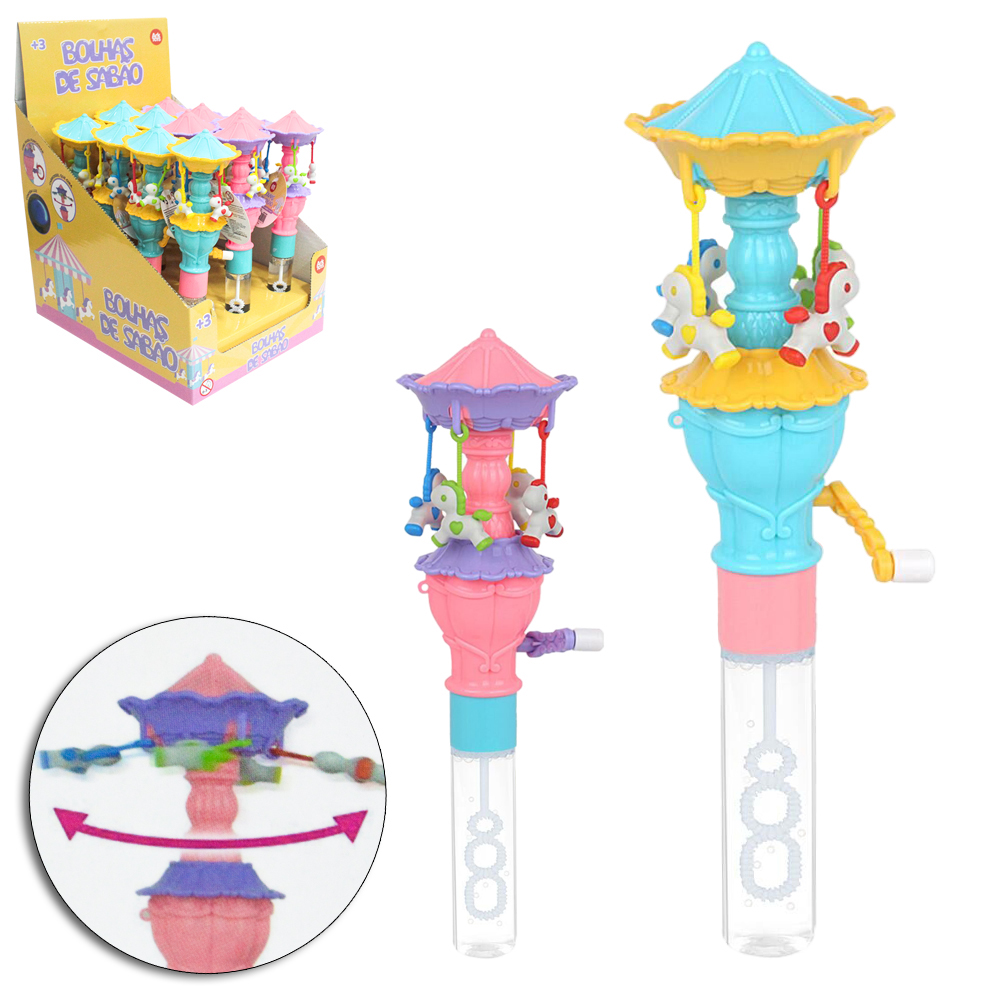LANCA BOLHA DE SABAO NO TUBO CARROSSEL COM LUZ A MANIVELA 24,5CM DP PLAY