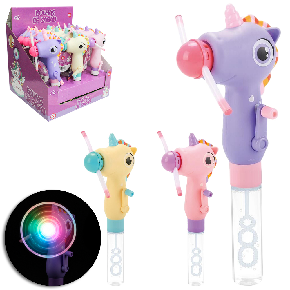 LANCA BOLHA DE SABAO NO TUBO PONEI / UNICORNIO COM LUZ A MANIVELA 22,5CM DP PLAY