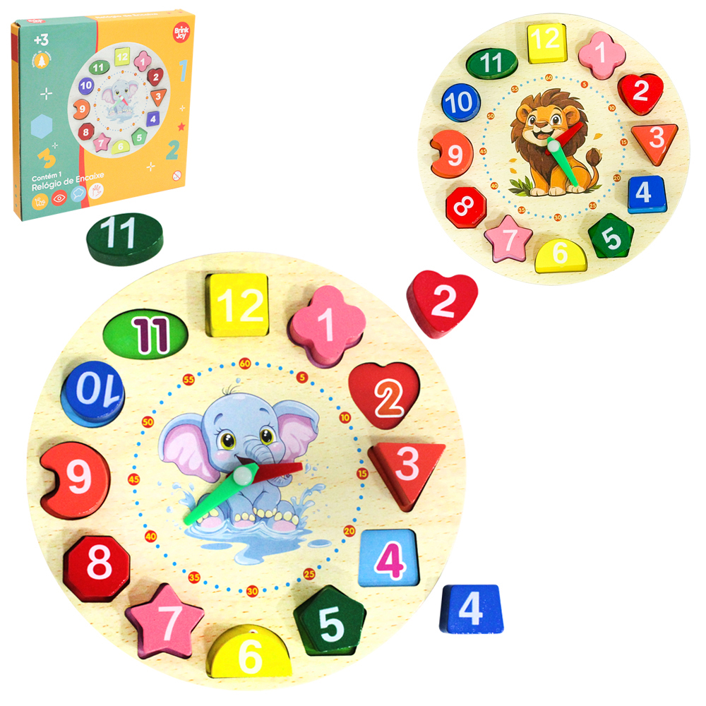 RELOGIO DE ENCAIXE DIDATICO EDUCATIVO DE MADEIRA MDF COM 13 PECAS 17,5CM DE Ø 