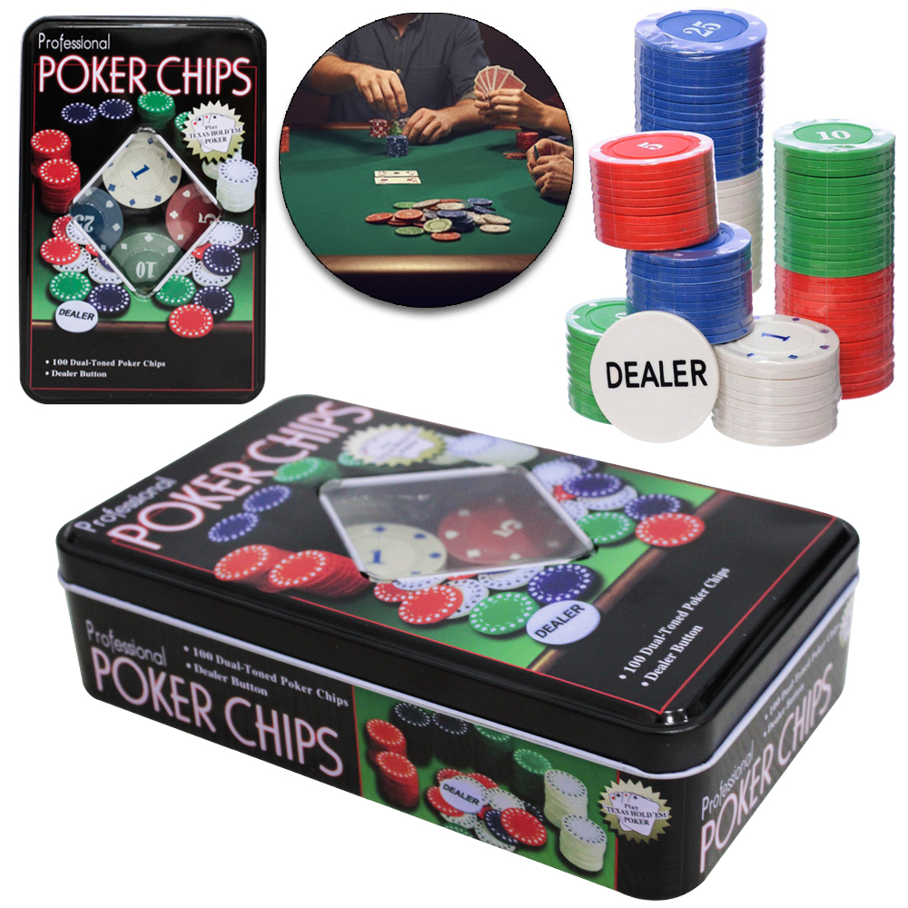 FICHA DE POKER COM 100 FICHAS + DEALER POKER CHIPS NA LATA