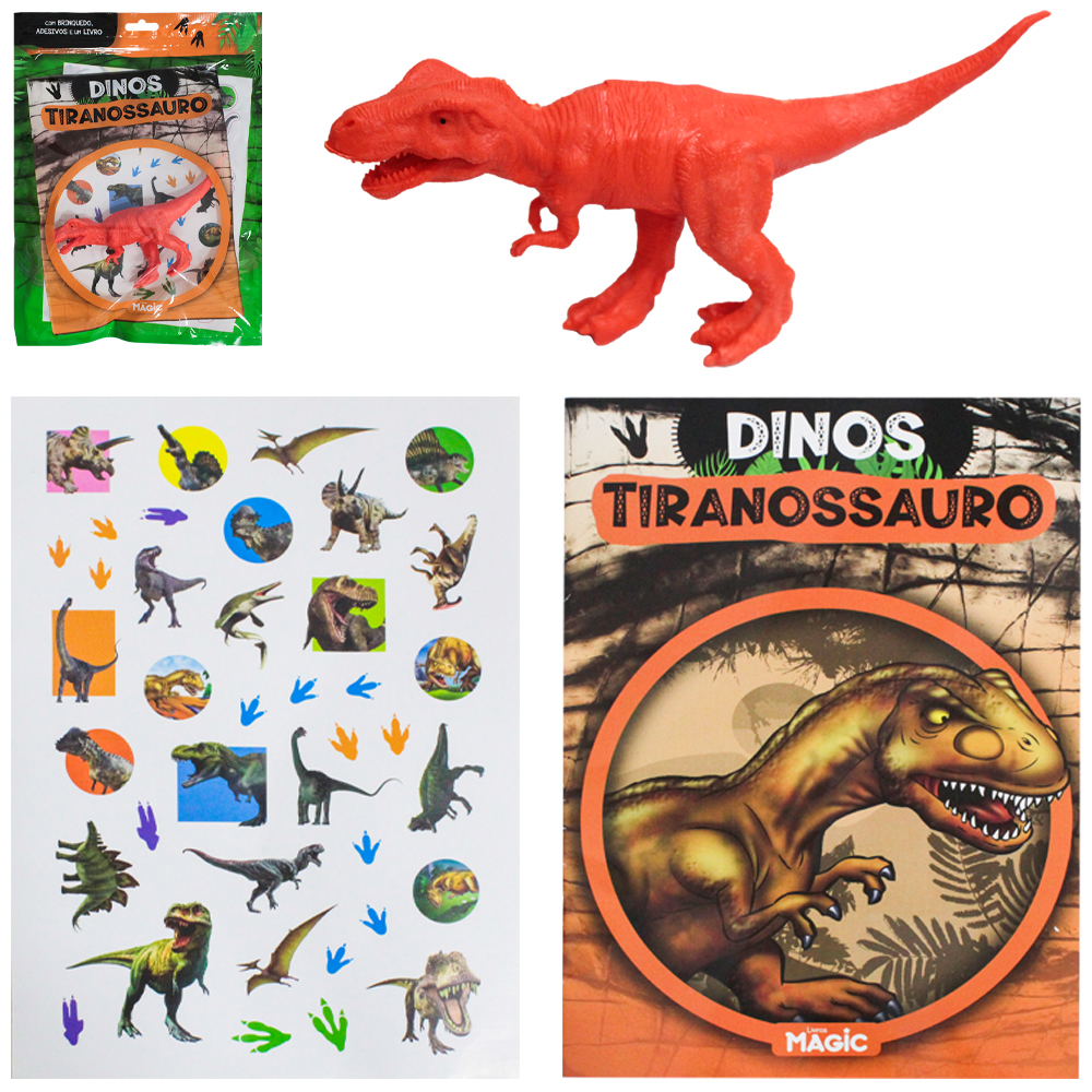 LIVRO TIRANOSSAURO COM ADESIVOS + BRINQUEDO DINOS 17,5X14CM