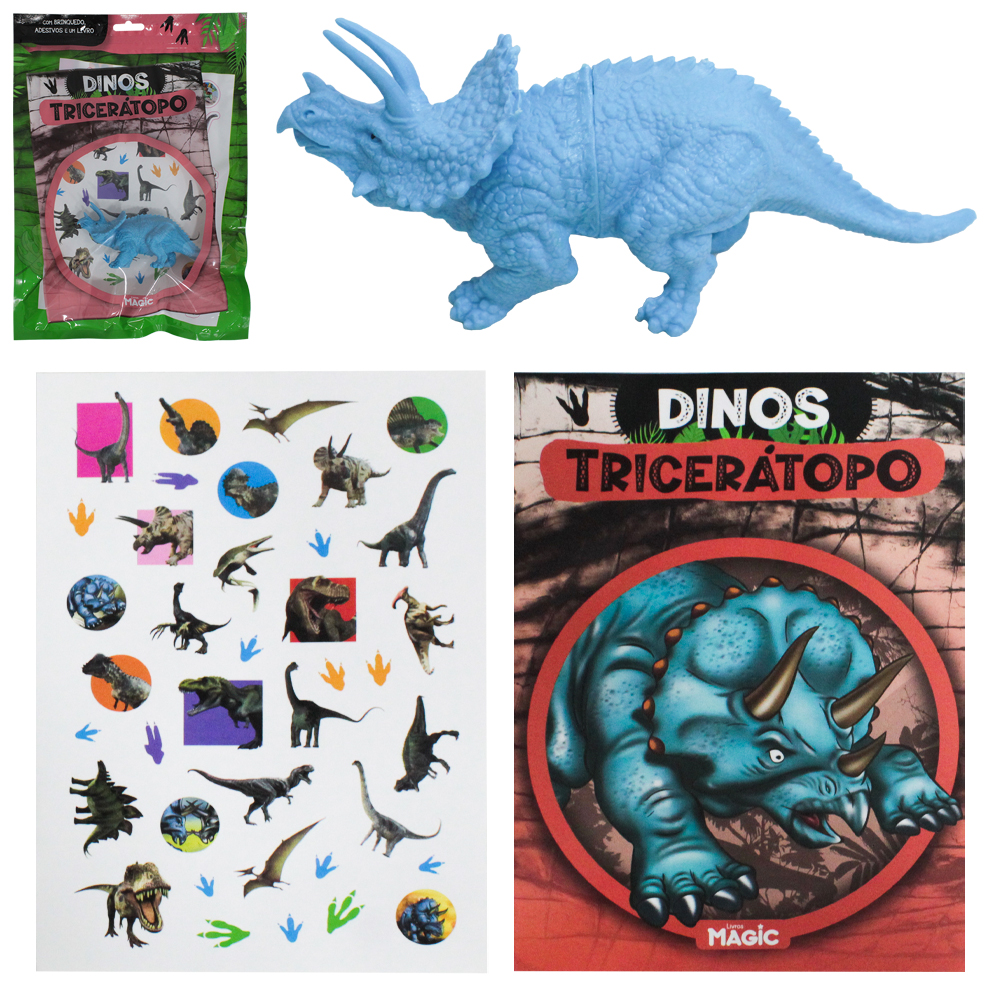 LIVRO TRICERATOPO COM ADESIVOS + BRINQUEDO DINOS 17,5X14CM
