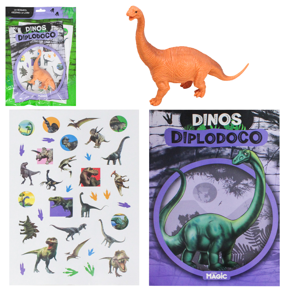 LIVRO DIPLODOCO COM ADESIVOS + BRINQUEDO DINOS 17,5X14CM
