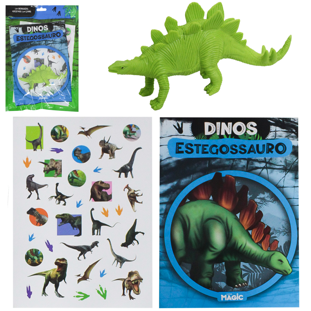 LIVRO ESTEGOSSAURO COM ADESIVOS + BRINQUEDO DINOS 17,5X14CM