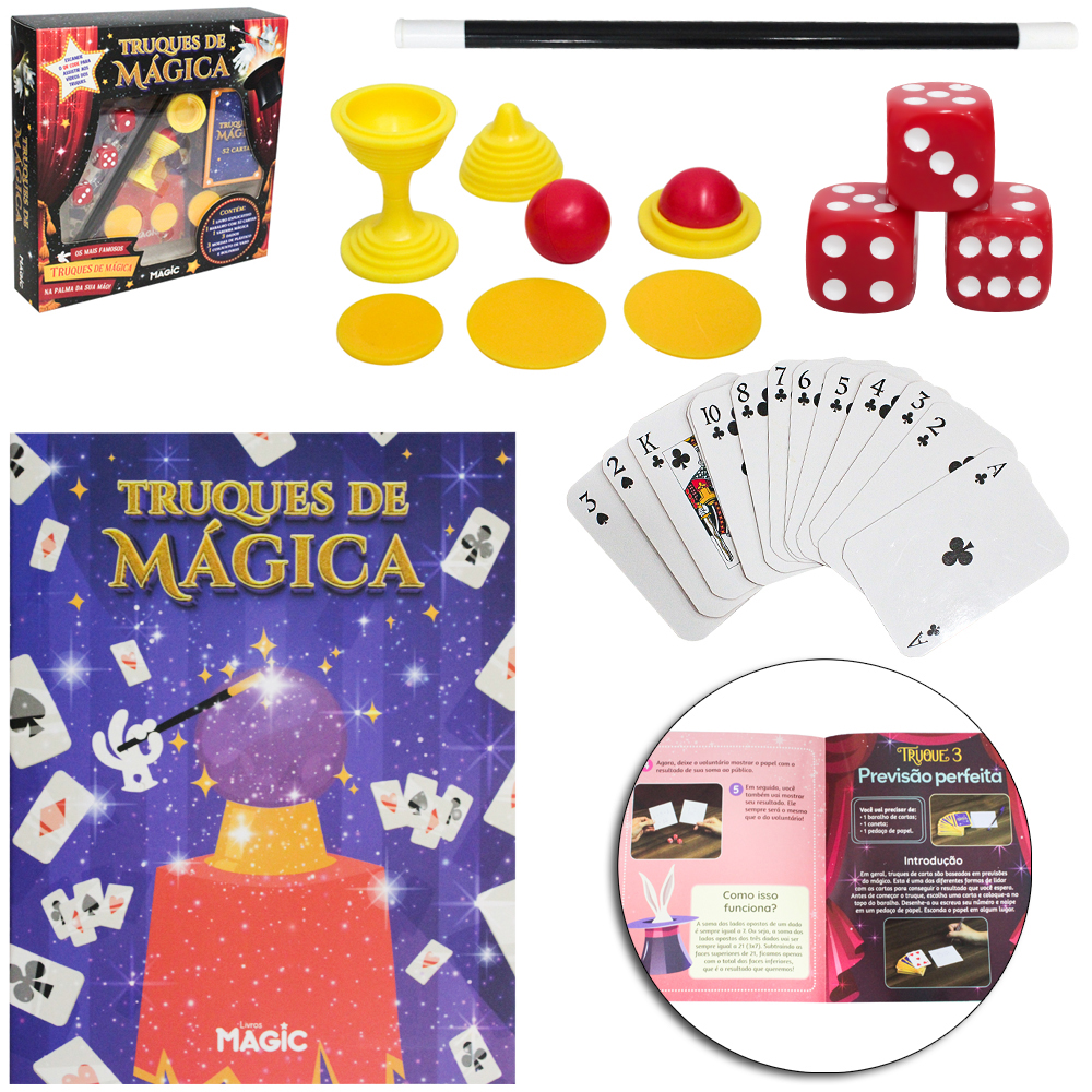 KIT DE MAGICA TRUQUES COM VARINHA + BARALHO + LIVRO E ACESSORIOS 11 PECAS