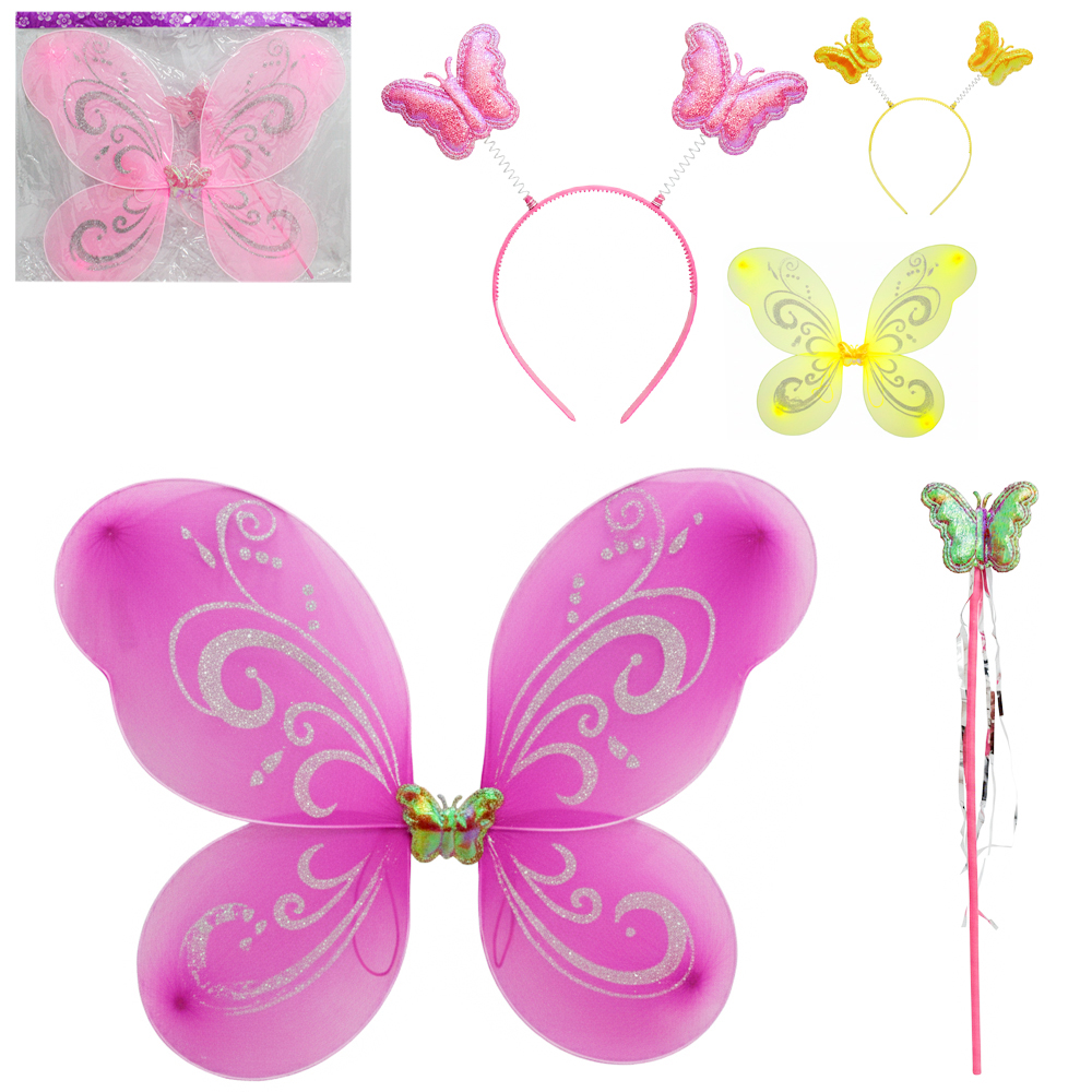 KIT FANTASIA INFANTIL BORBOLETA COM ASAS + TIARA + VARINHA 49X39CM