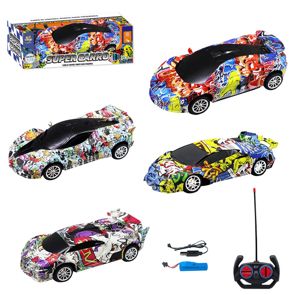 CARRO GRAFITADO COM CONTROLE REMOTO SEM FIO SUPER CARRO 7 FUNCOES COM LUZ A BATERIA RECARREGAVEL