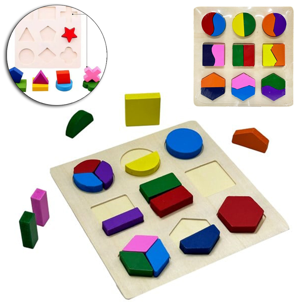 TABULEIRO DIDATICO EDUCATIVO QUEBRA CABECA DE ENCAIXE FORMAS GEOMETRICAS DE MADEIRA 19 PECAS 15X15CM